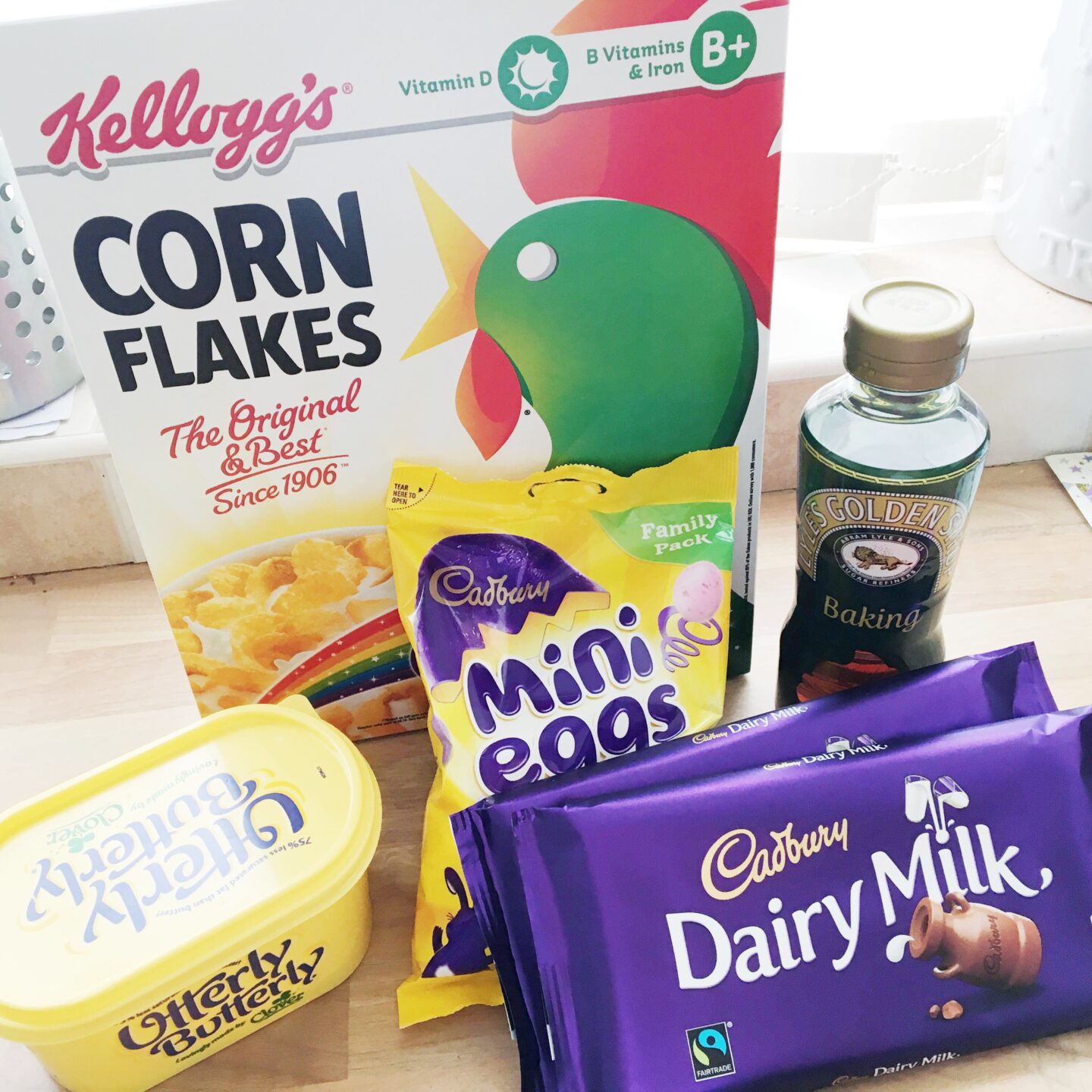 Ingredients to make Easter chocolate crispy cakes.