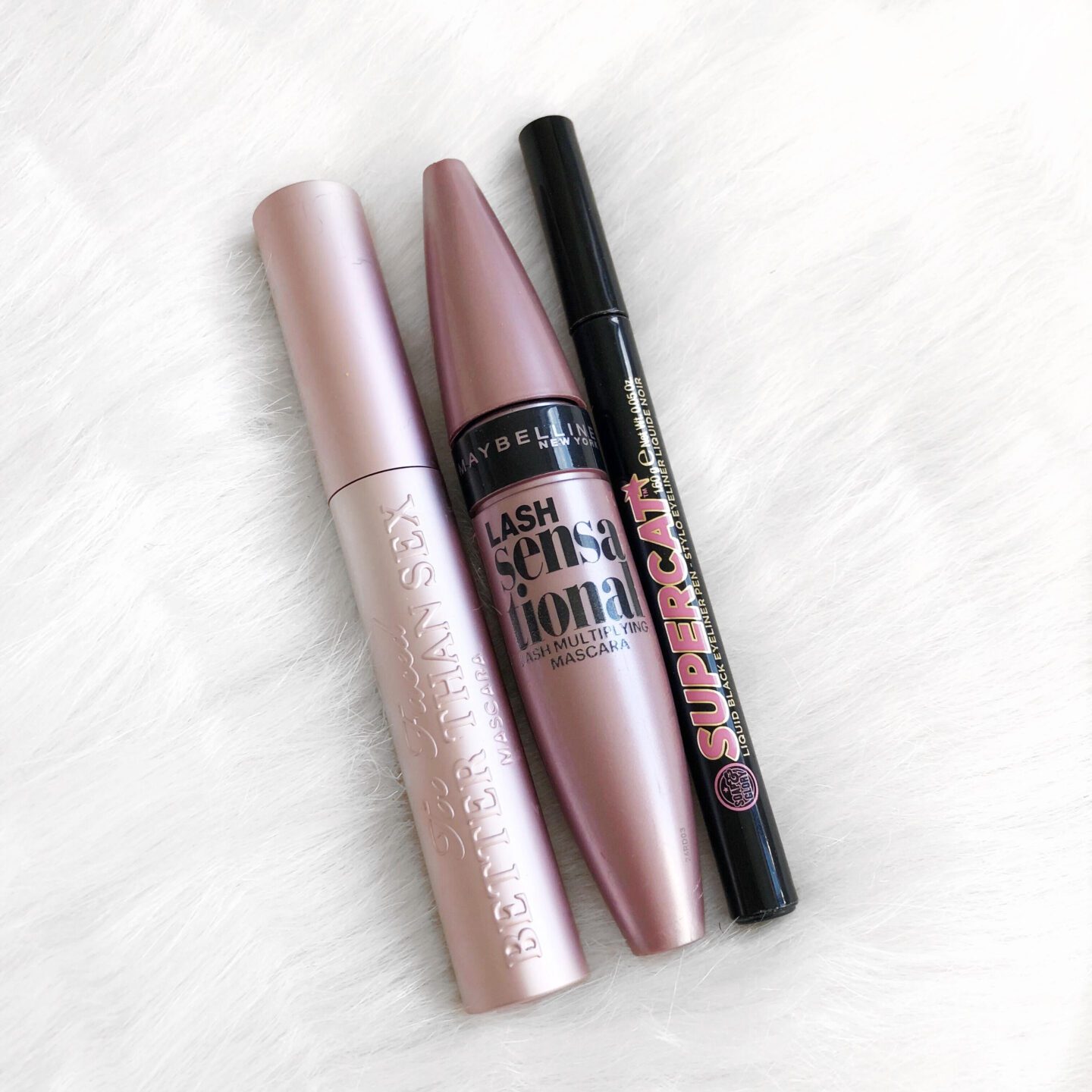 Too Faced Better Than Sex Mascara, Maybelline Lash Sensational Mascara and Soap and Glory Supercat eyeliner