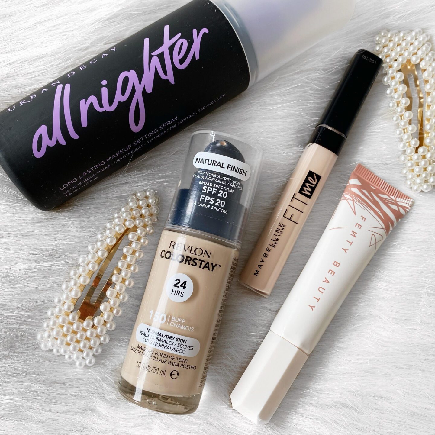makeup flatlay of the products mentioned in the post
