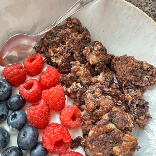 Close up of bowl with yogurt, blueberries and chocolate scrambled oats